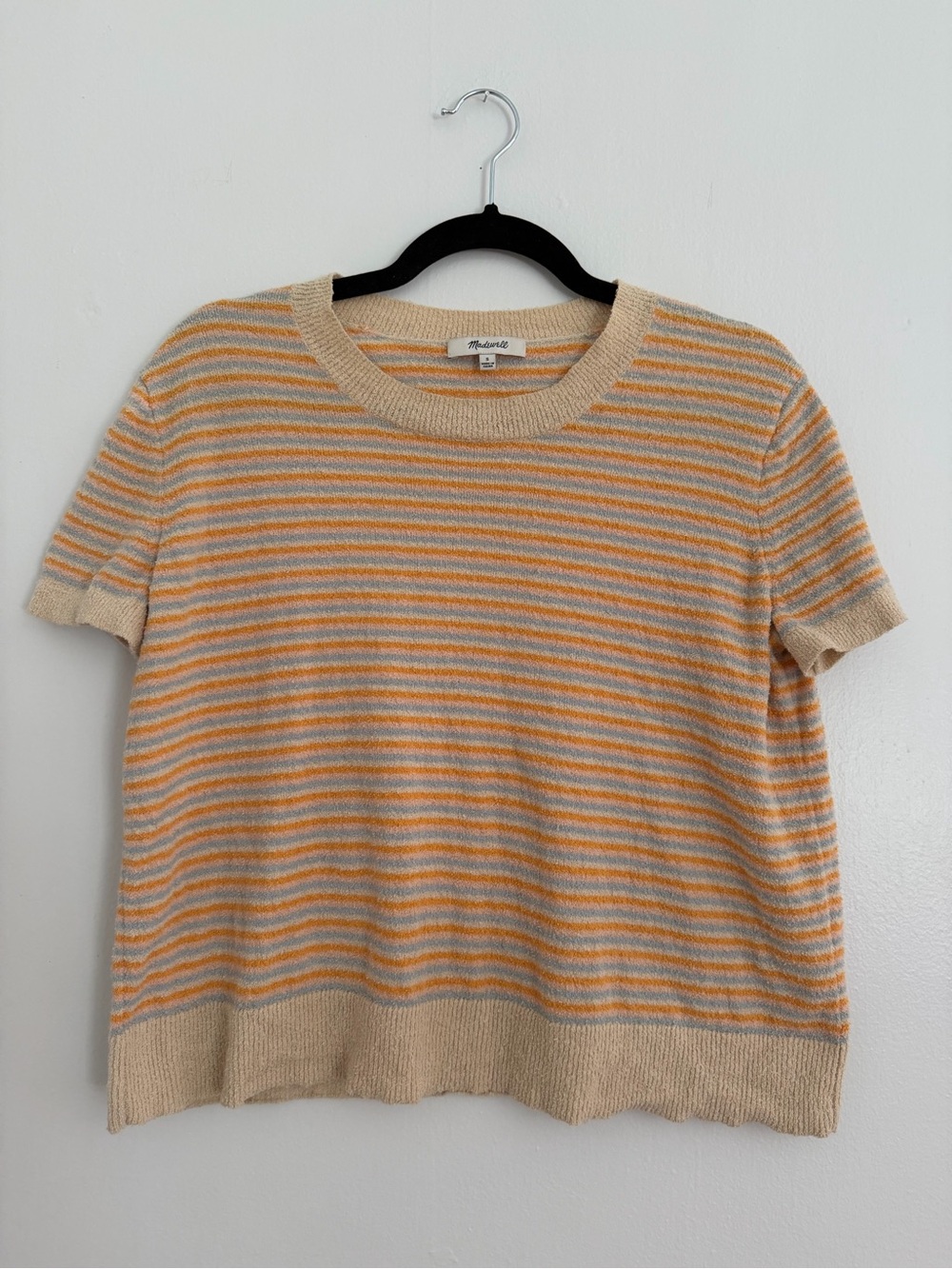 Madewell Beige, Orange, and Blue Striped Short Sleeve Sweater Top